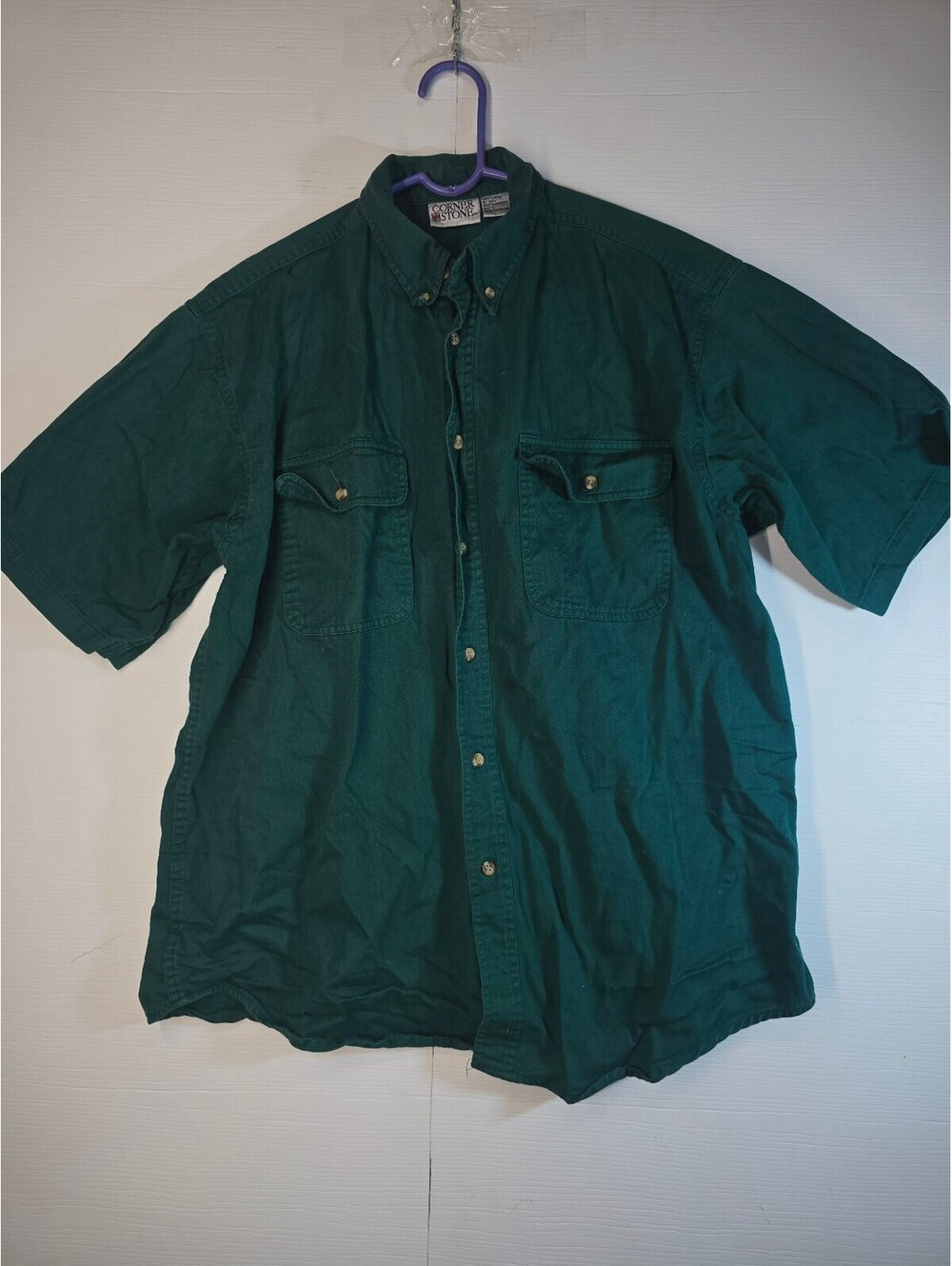 Vintage Corner Stone Mens Large Green Short Sleeve Cotton Workwear Shirt